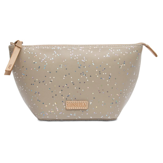 Consuela Faye Large Kit in dove grey glitter with iridescent stars and a natural leather zipper pull.