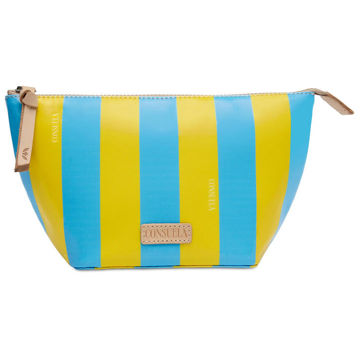 Consuela Surfside Large Kit featuring bold blue and yellow stripes and a natural leather zipper pull.