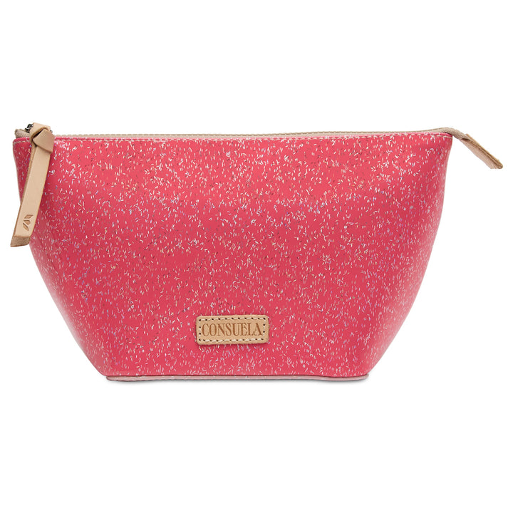 Consuela Bae Large Tool Kit featuring a bright multicolored glitter exterior and a natural leather zipper pull.