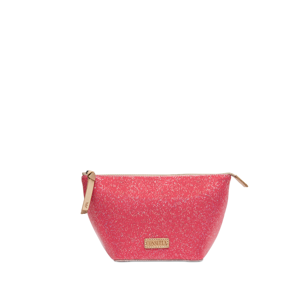 Consuela Bae Large Tool Kit featuring a bright multicolored glitter exterior and a natural leather zipper pull.