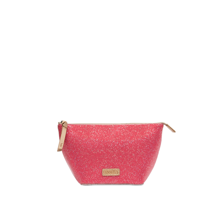Consuela Bae Large Tool Kit featuring a bright multicolored glitter exterior and a natural leather zipper pull.
