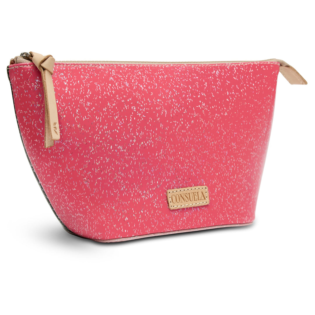 Consuela Bae Large Tool Kit featuring a bright multicolored glitter exterior and a natural leather zipper pull.