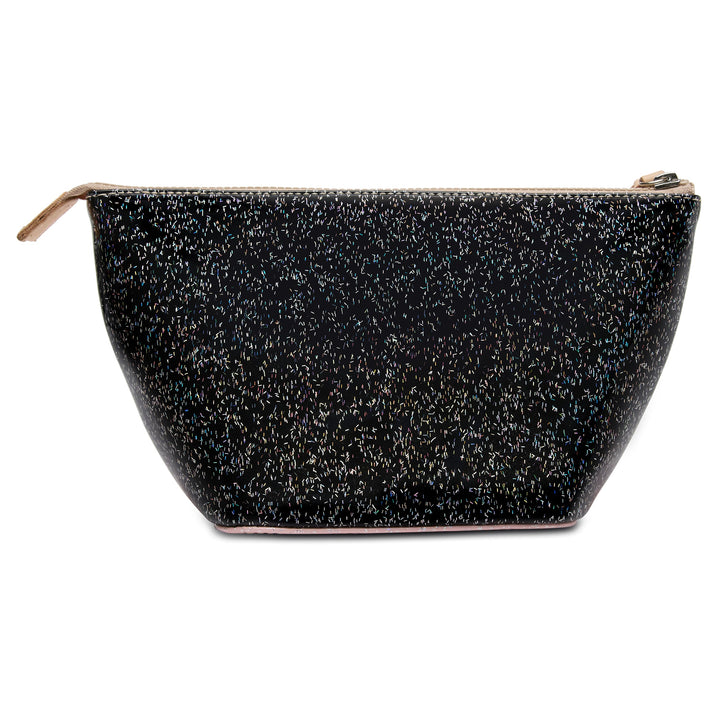 Consuela Bae Large Tool Kit featuring a bright multicolored glitter exterior and a natural leather zipper pull.
