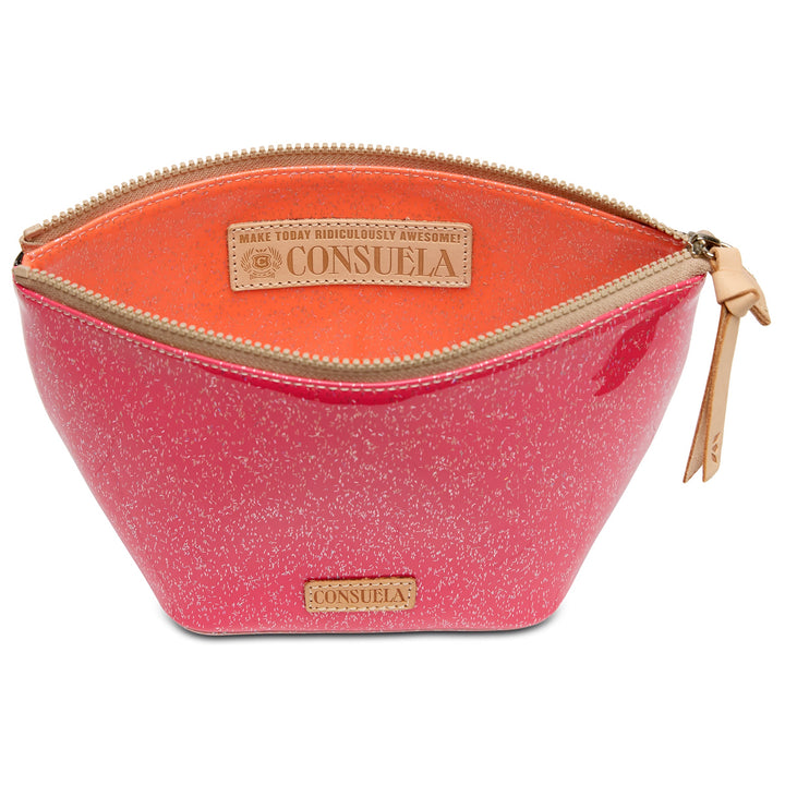 Consuela Bae Large Tool Kit featuring a bright multicolored glitter exterior and a natural leather zipper pull.