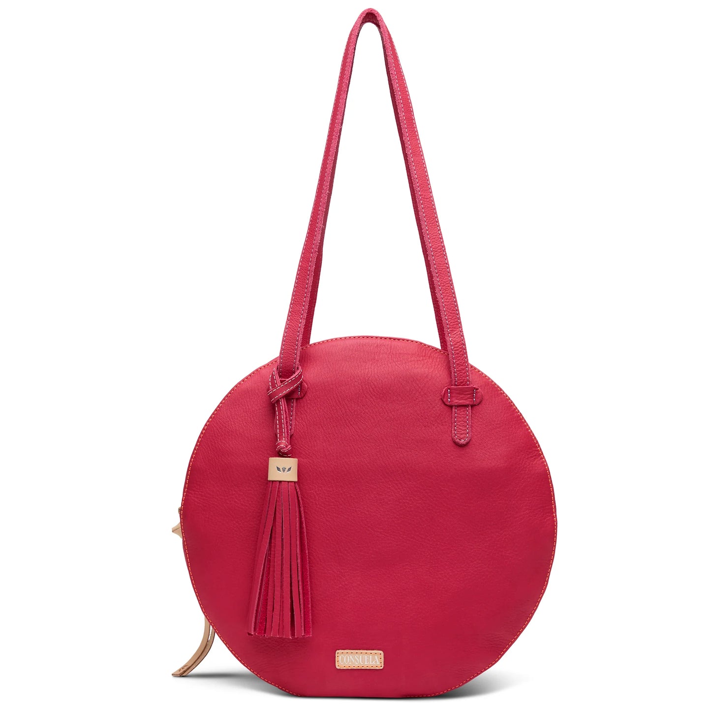 Consuela Maren Luna Shopper; a round raspberry pink leather shoulder bag with a relaxed silhouette and long leather straps.