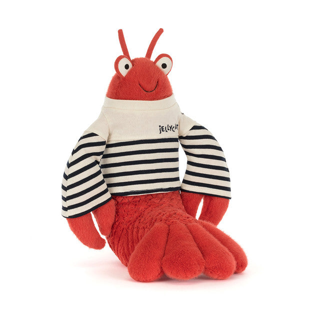 Jellycat Larry Lobster plush toy dressed in a white and blue nautical sailor suit costume.