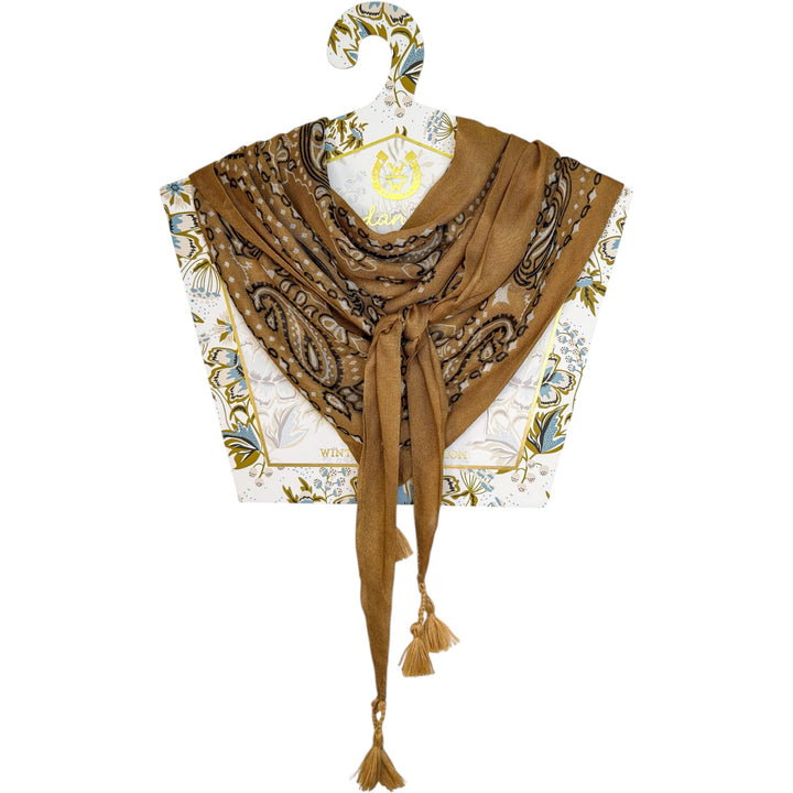 Winton and Waits rich brown tassel bandana folded on a display stand.