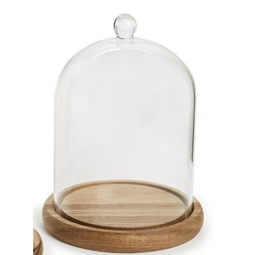 Cloche with Ball Handle and Wood Base - Acacia Wood/Glass