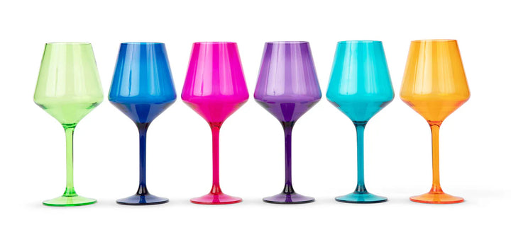 Set of six Pop Design unbreakable acrylic stemmed wine glasses in vibrant jewel tones.