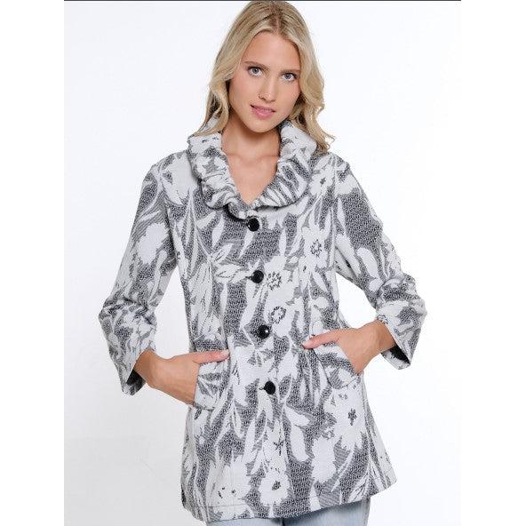 3/4 Sleeve 2 Pocket Button Front Ruffle Collar Jacket