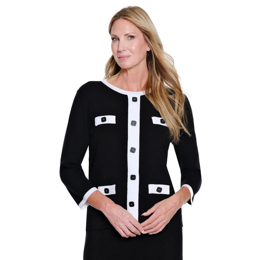 Faux Button Front Jacket Sweater - Black