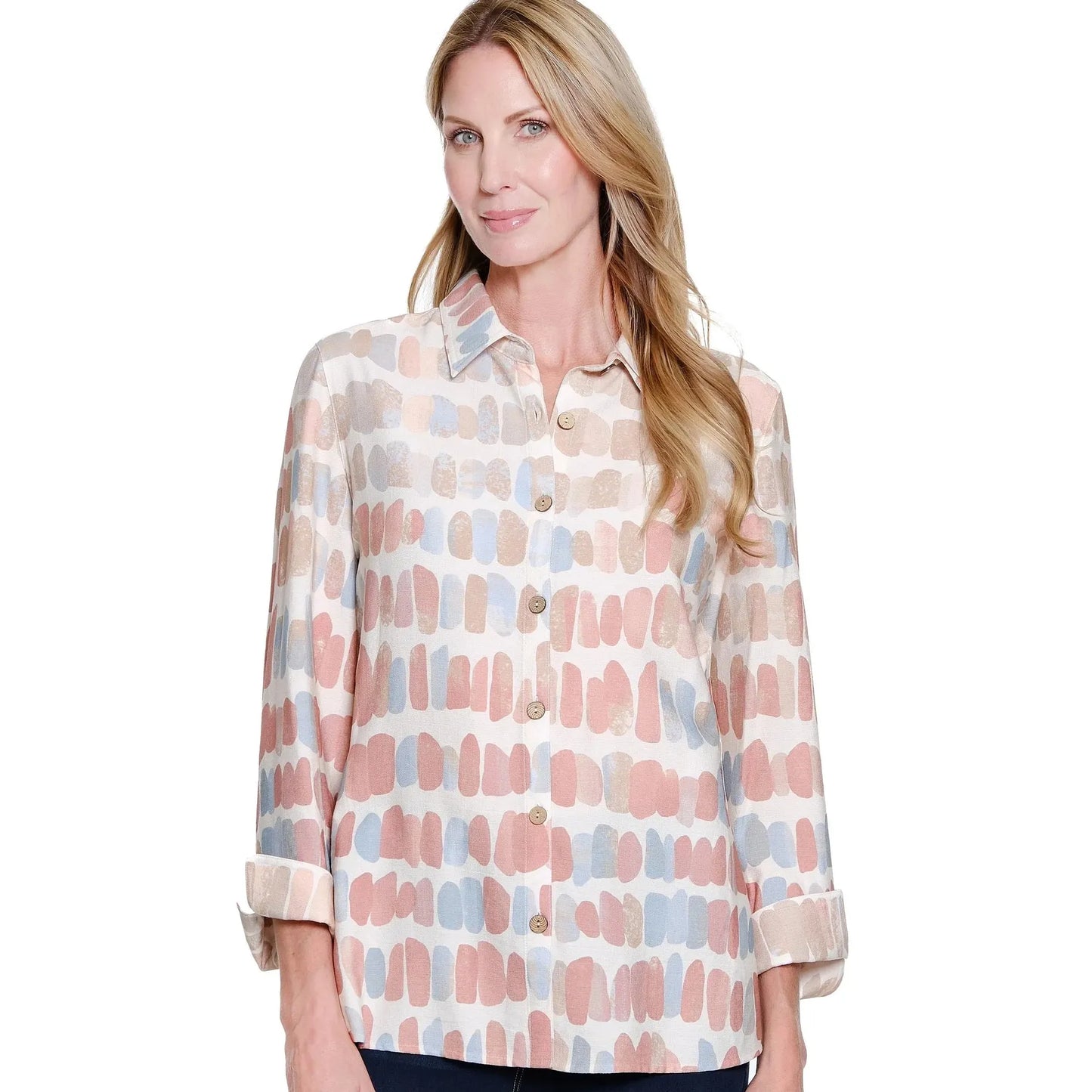 Turn-Up Cuff 3/4 Sleeve Button Front Shirt - Stripe Multi