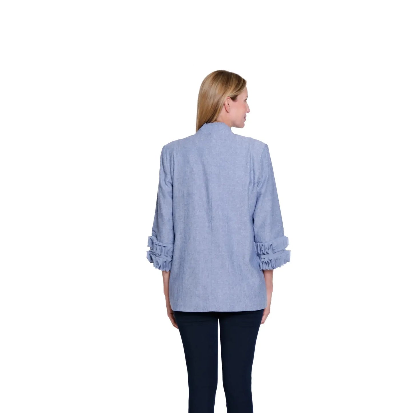 3/4 Sleeve Stand Collar Double Button Lined Jacket - Chambray Blue