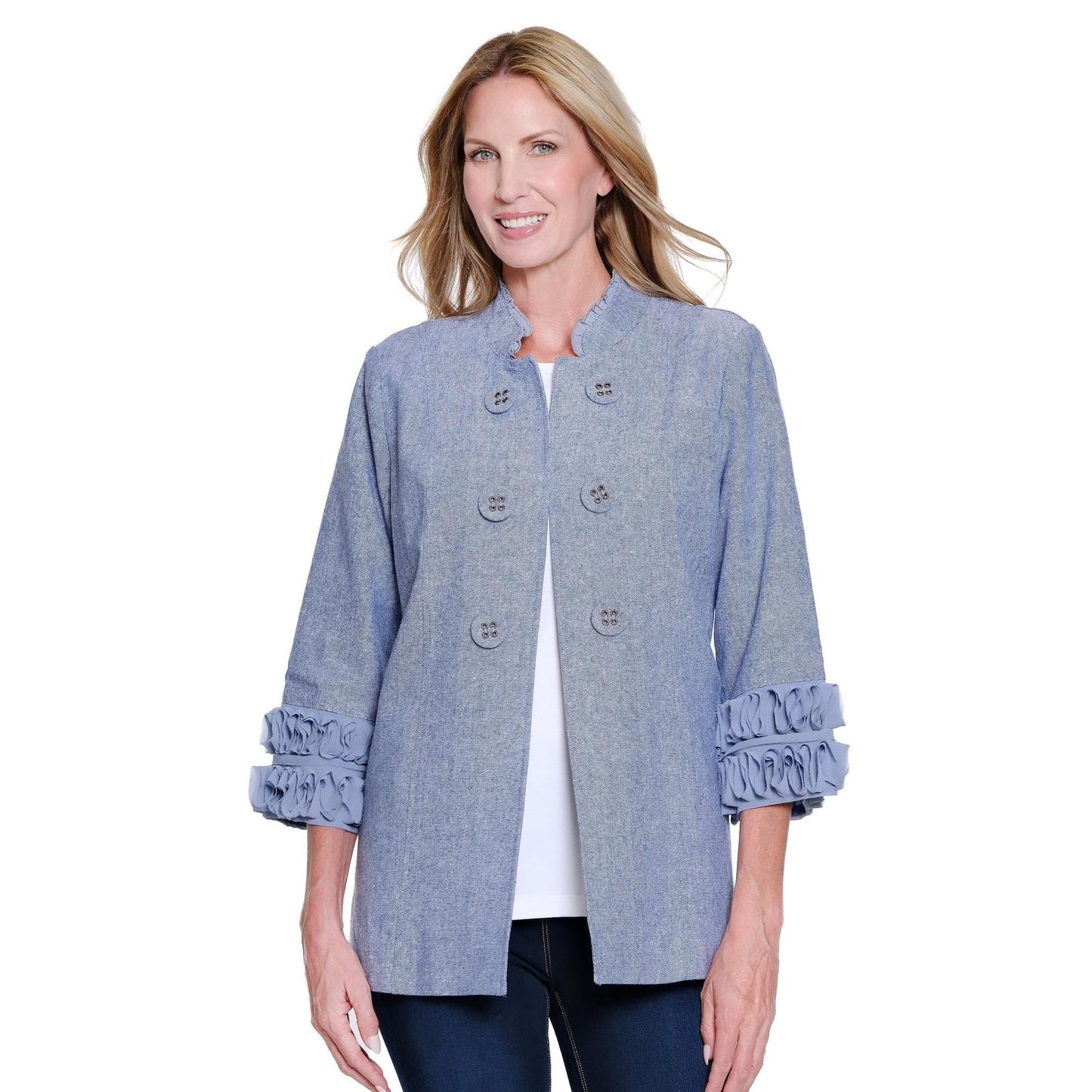 3/4 Sleeve Stand Collar Double Button Lined Jacket - Chambray Blue