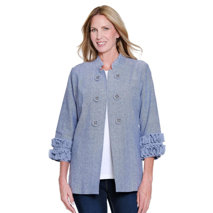 3/4 Sleeve Stand Collar Double Button Lined Jacket - Chambray Blue