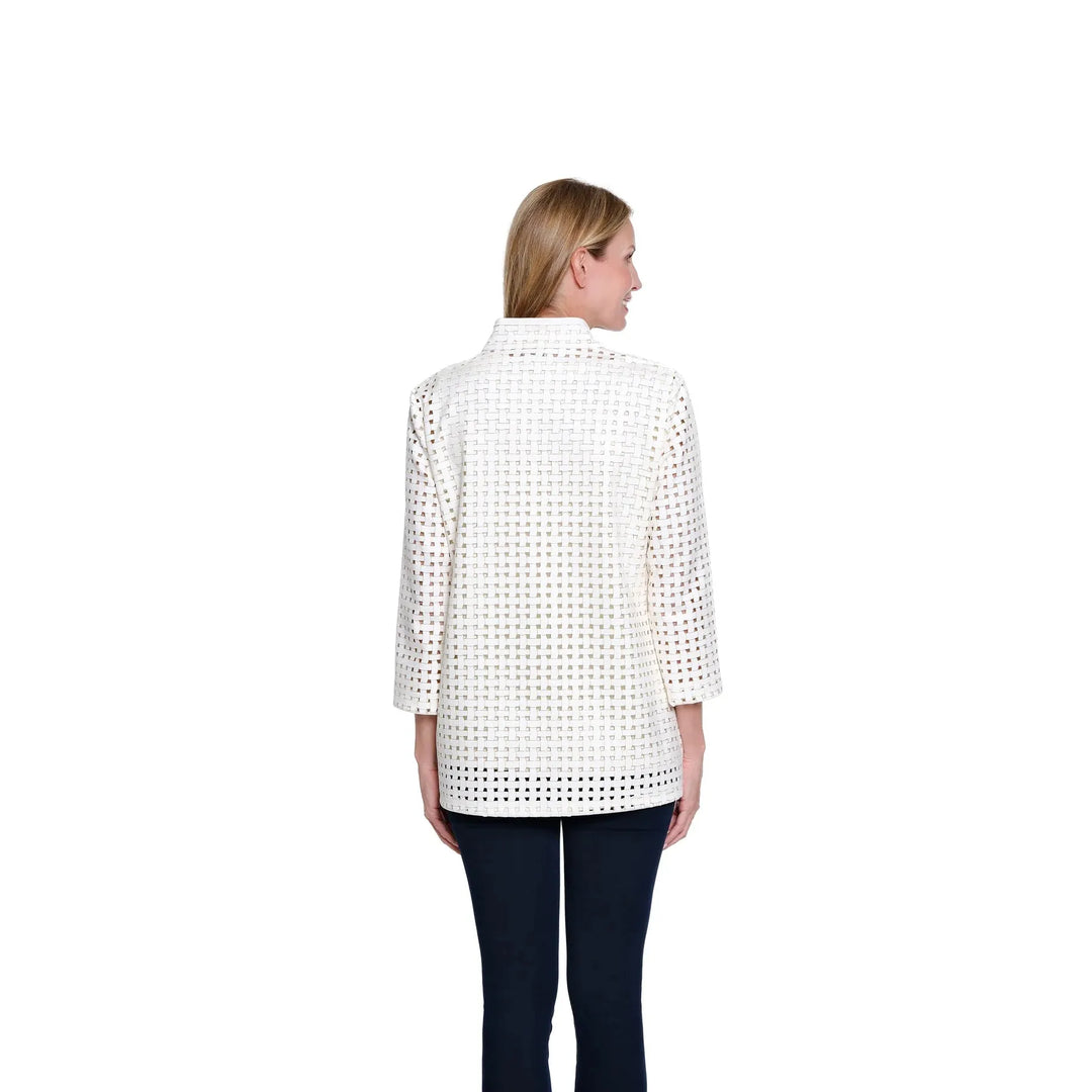 3/4 Sleeve Stand Collar Open Front Long Jacket - Soft White