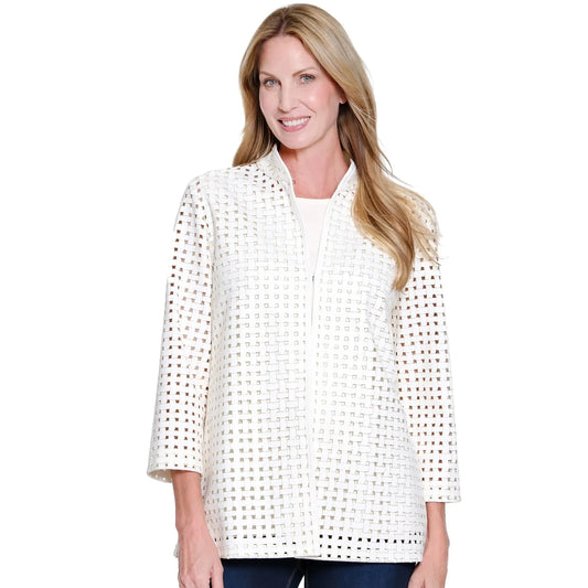 3/4 Sleeve Stand Collar Open Front Long Jacket - Soft White