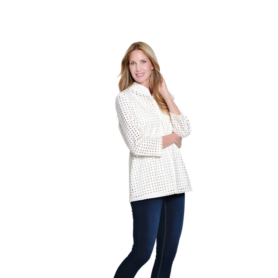3/4 Sleeve Stand Collar Open Front Long Jacket - Soft White