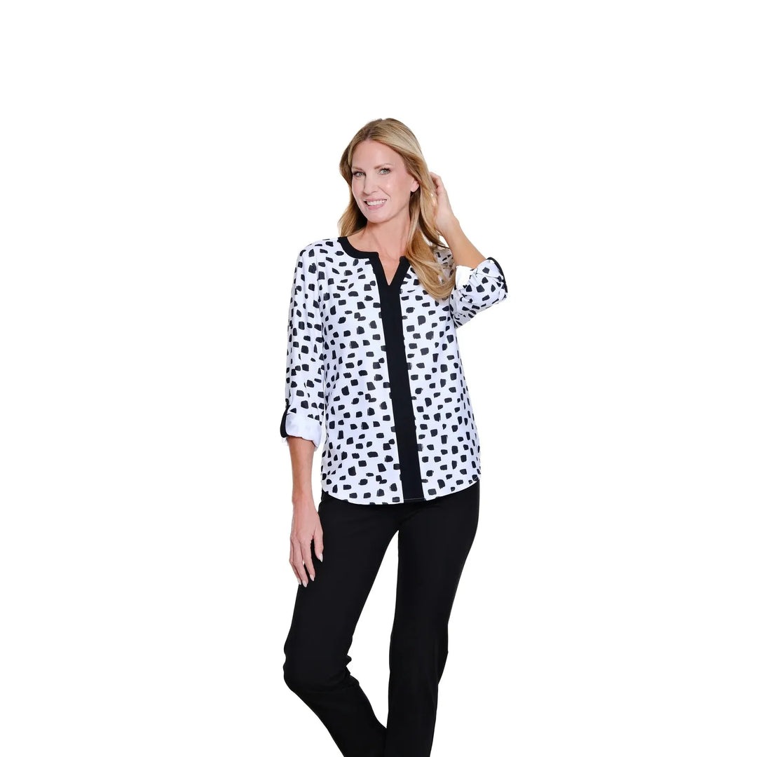 Popover Top with Band Collar - Black/White Print
