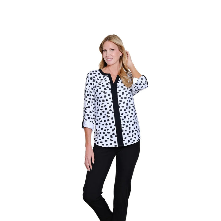 Popover Top with Band Collar - Black/White Print