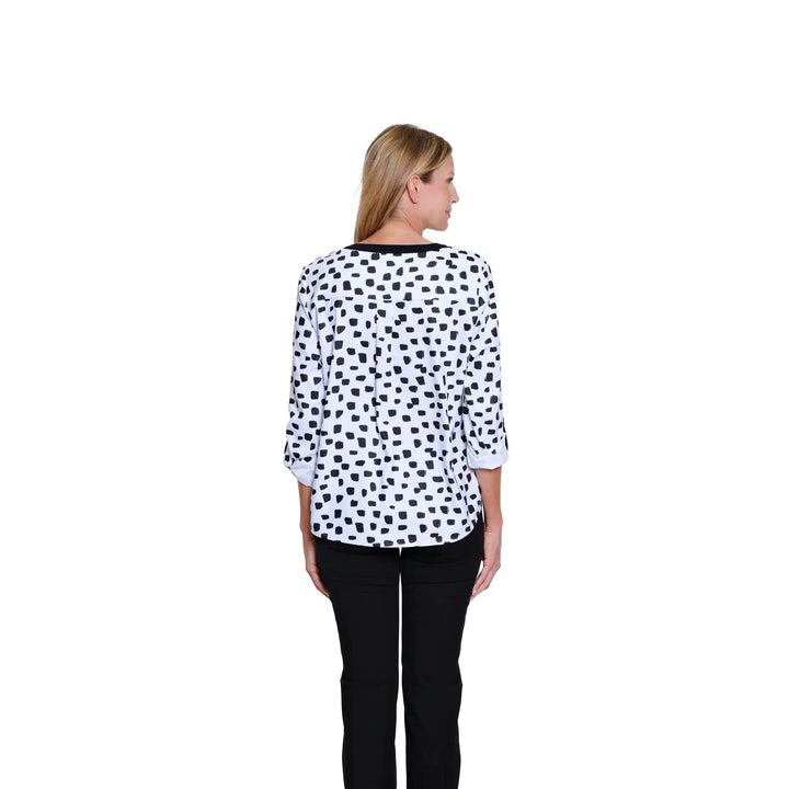 Popover Top with Band Collar - Black/White Print