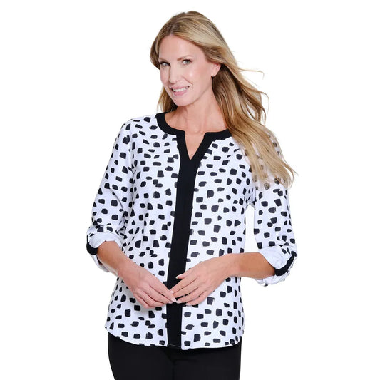 Popover Top with Band Collar - Black/White Print