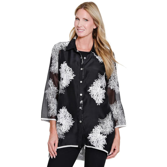 Embroidered Crinkle Sheer Shirt - Black