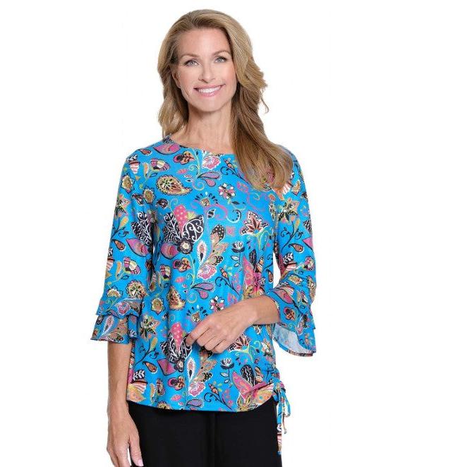 3/4 Double Flounce Sleeve Drop Shoulder Bateau Neck Side Drawstring top