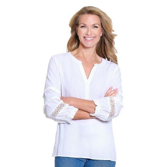 3/4 Puff Sleeve Y Neck Band Collar Top