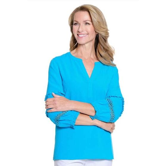 3/4 Puff Sleeve Y Neck Band Collar Top