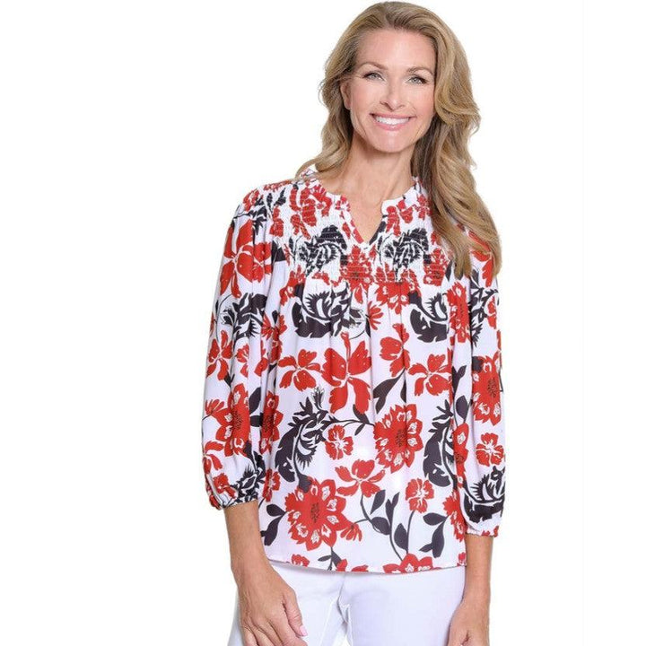 3/4 Puff Sleeve Ruffle Neck Elastic Shirred Front Top