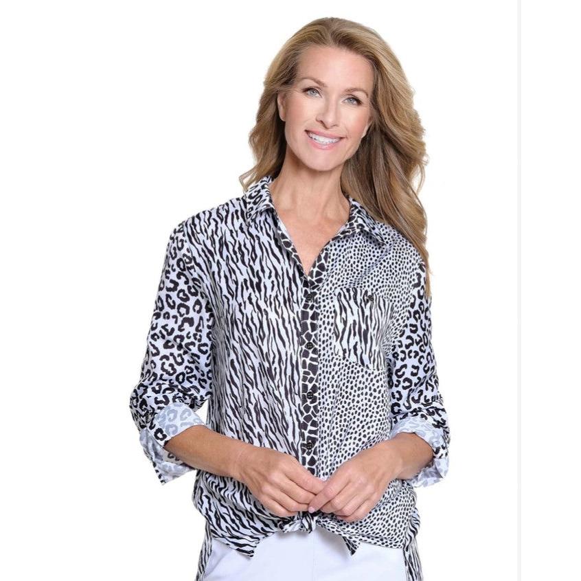 Animal Print Roll Tab Cuffed Tie Waist Button Front Shirt