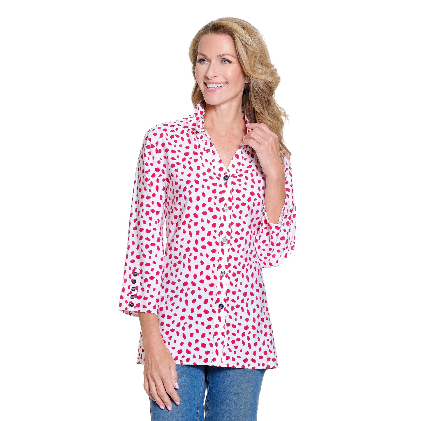 5-Button 3/4 Sleeve Wire Collar Y Neck Shirt - Fiery Red