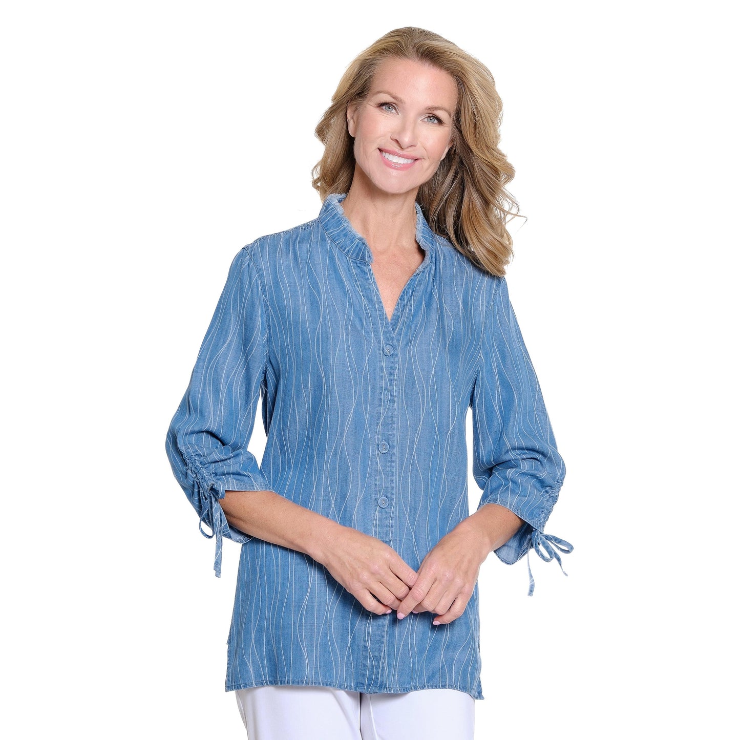 3/4 Drawstring Sleeve Band Collor Button Front Hi-Lo Shirt - Denim Print