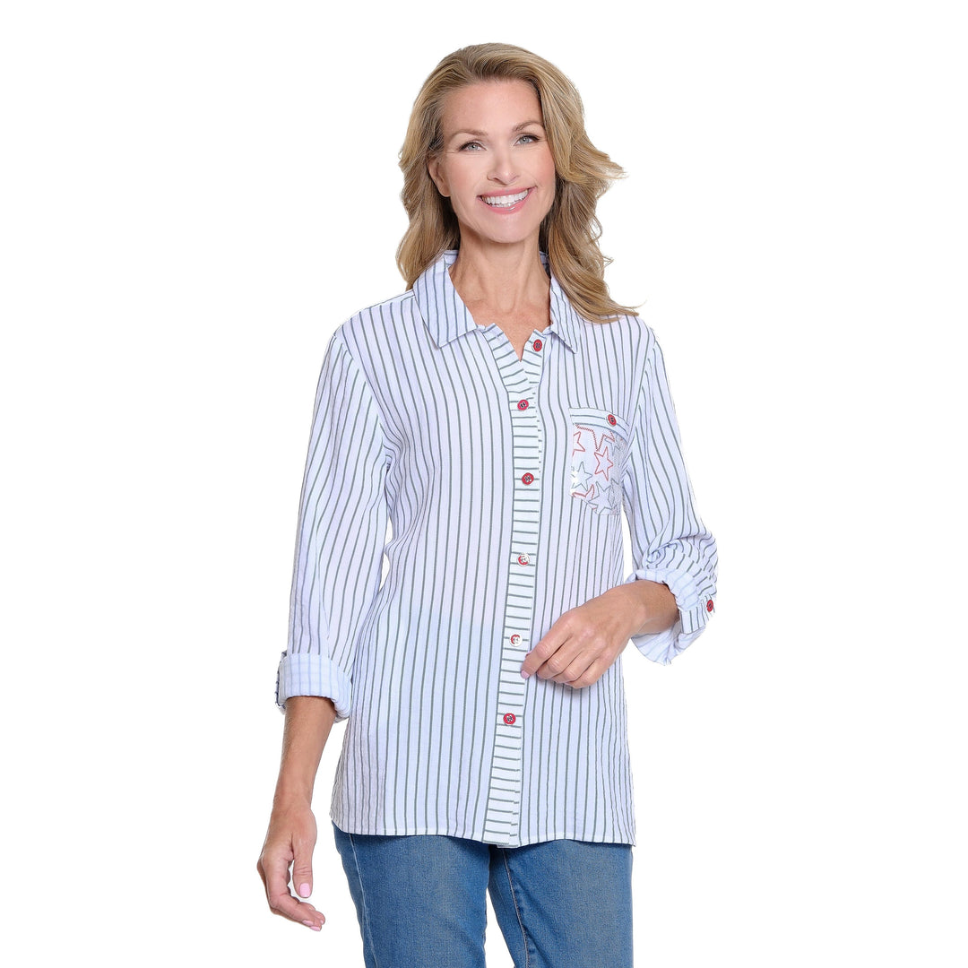 Roll Tab Long Sleeve 3-Pocket Button Front Hi-Lo Shirt - Rich Navy