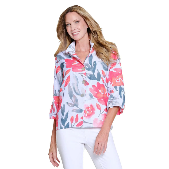 Multiples multi-color printed bark cloth jacket with puff sleeves and wire collar.