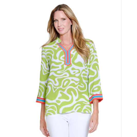 Women's Multiples blouse with lime green and white abstract pattern, notch neckline, and 3/4 sleeves.