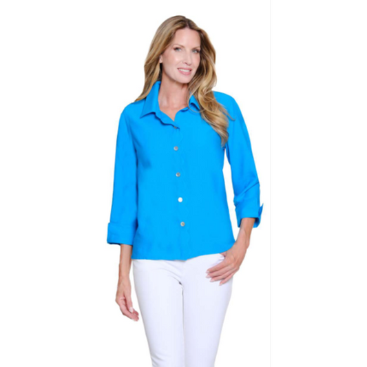 Women's Multiples button-up shirt with multi-color abstract print, scalloped front edge, and 3/4 length cuffed sleeves.