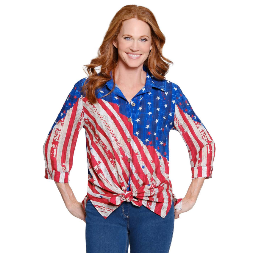 Multiples American Flag print blouse with 3/4 cuffed sleeves and a button-front hi-lo design.