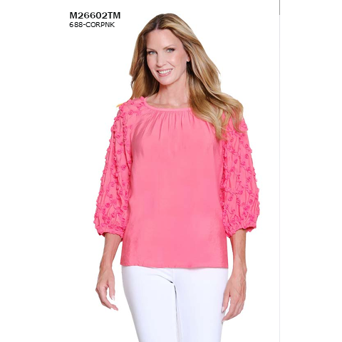Multiples 3/4 Puff Raglan Sleeve Peasant Top with Soutache Trim - Coral Pink