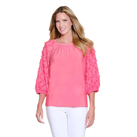 Multiples Coral Pink peasant top featuring 3/4 puff raglan sleeves with tonal soutache ribbon trim.