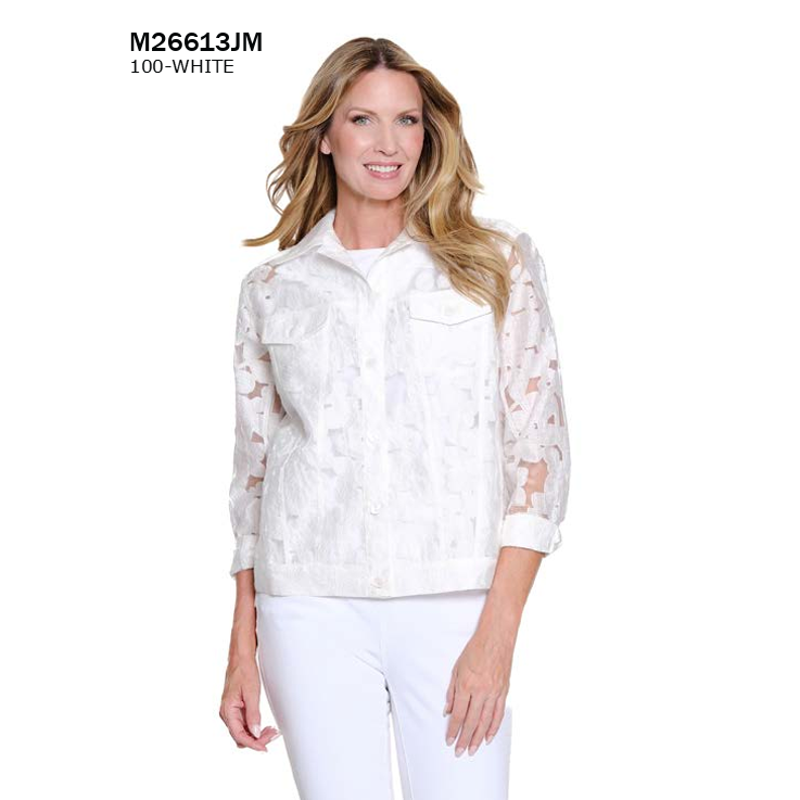 Multiples white jean style jacket (M26613JM) featuring cuffed long sleeves and four functional pockets.