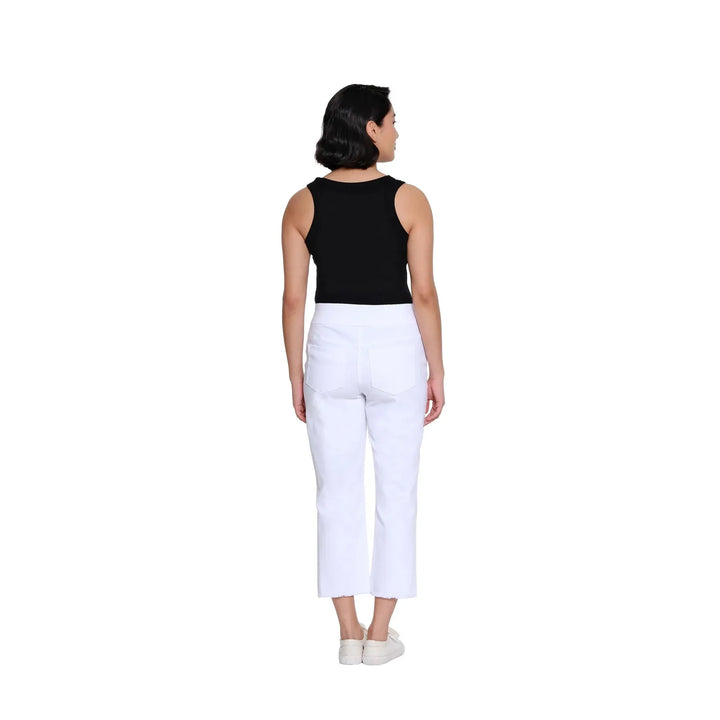 Multiples Pull On 5 Pocket Fringe Hem Crop Jean - White