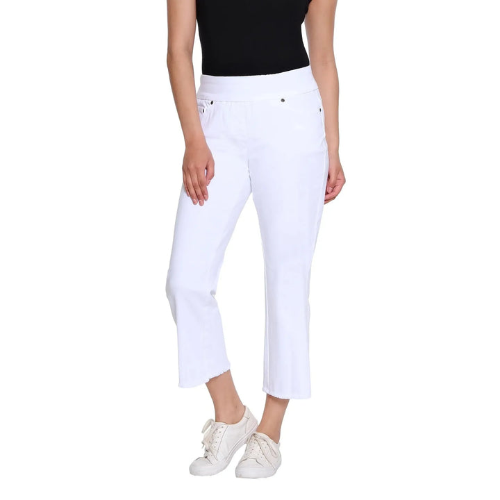 Multiples Pull On 5 Pocket Fringe Hem Crop Jean - White