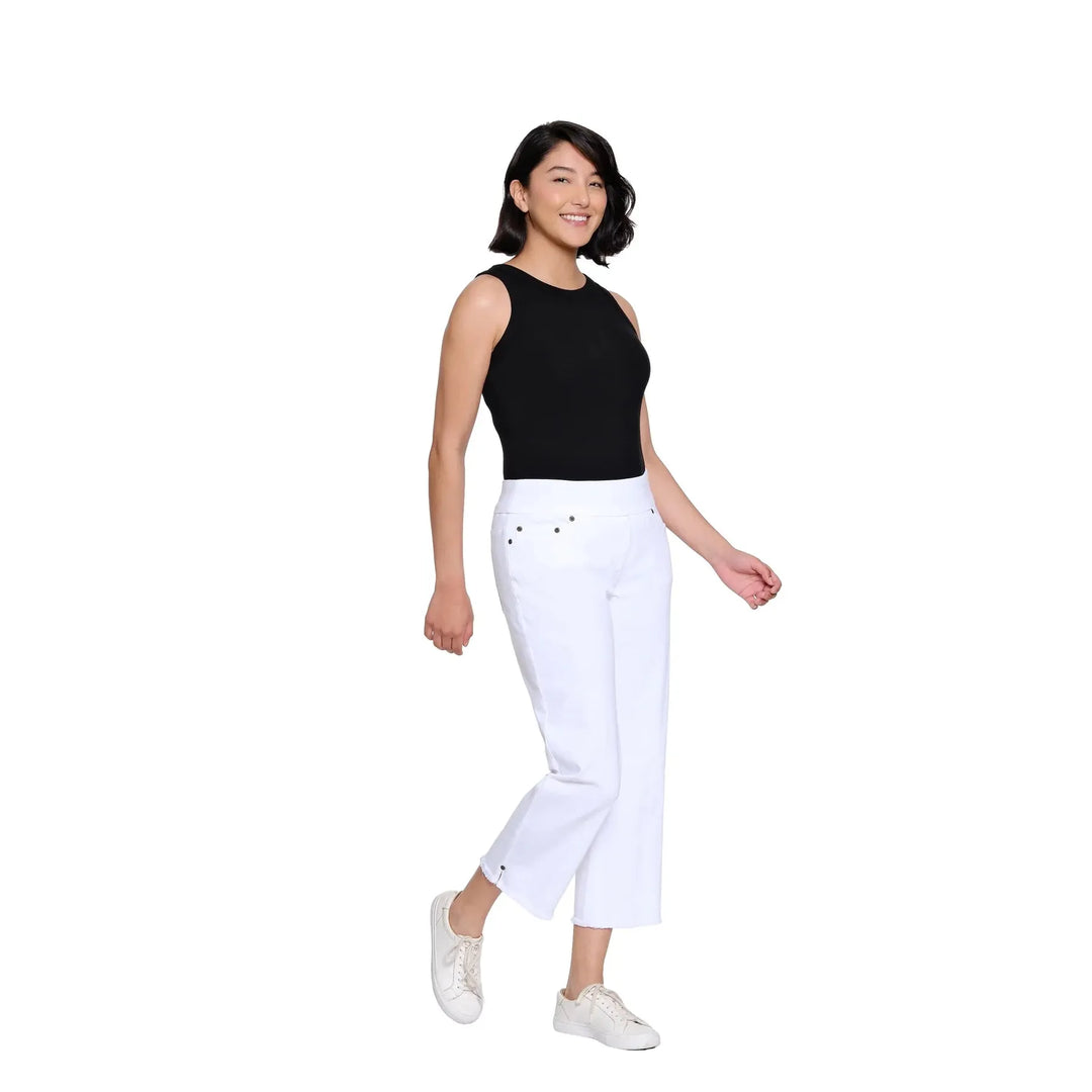 Multiples Pull On 5 Pocket Fringe Hem Crop Jean - White