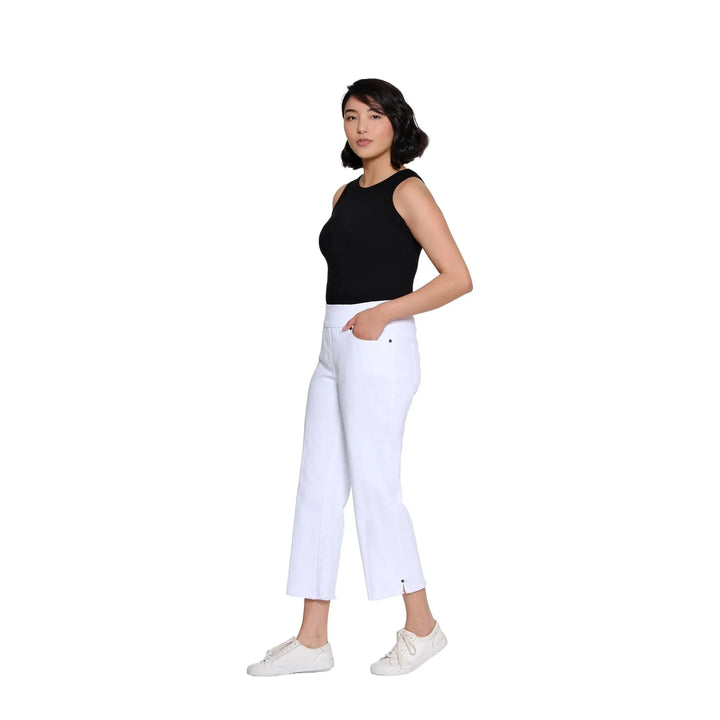 Multiples Pull On 5 Pocket Fringe Hem Crop Jean - White
