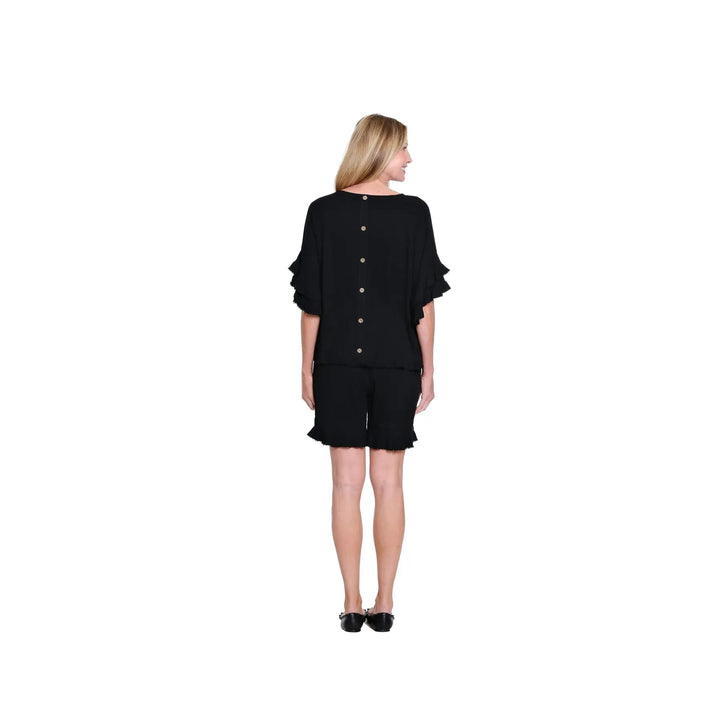 Multiples Textured Slub Top with Double Flounce Sleeves - Black