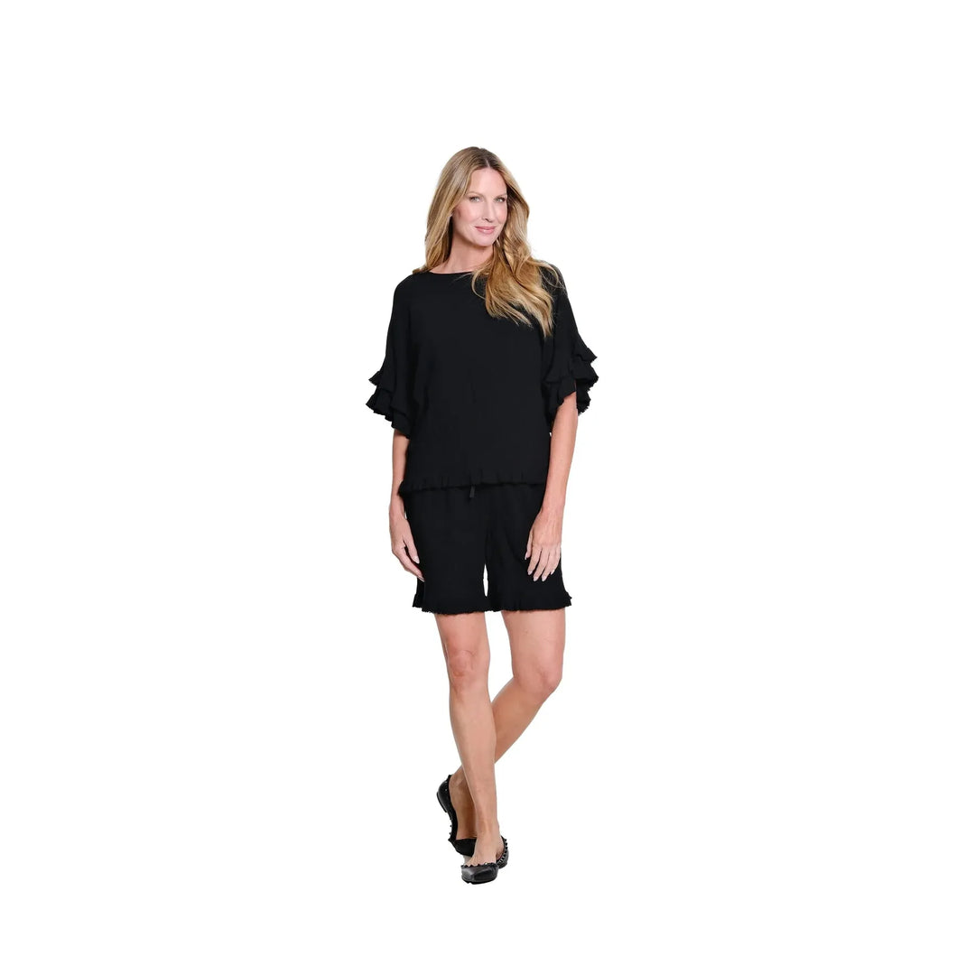 Multiples Textured Slub Top with Double Flounce Sleeves - Black