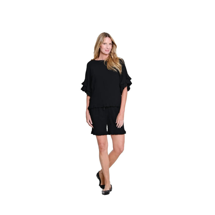 Multiples Textured Slub Top with Double Flounce Sleeves - Black