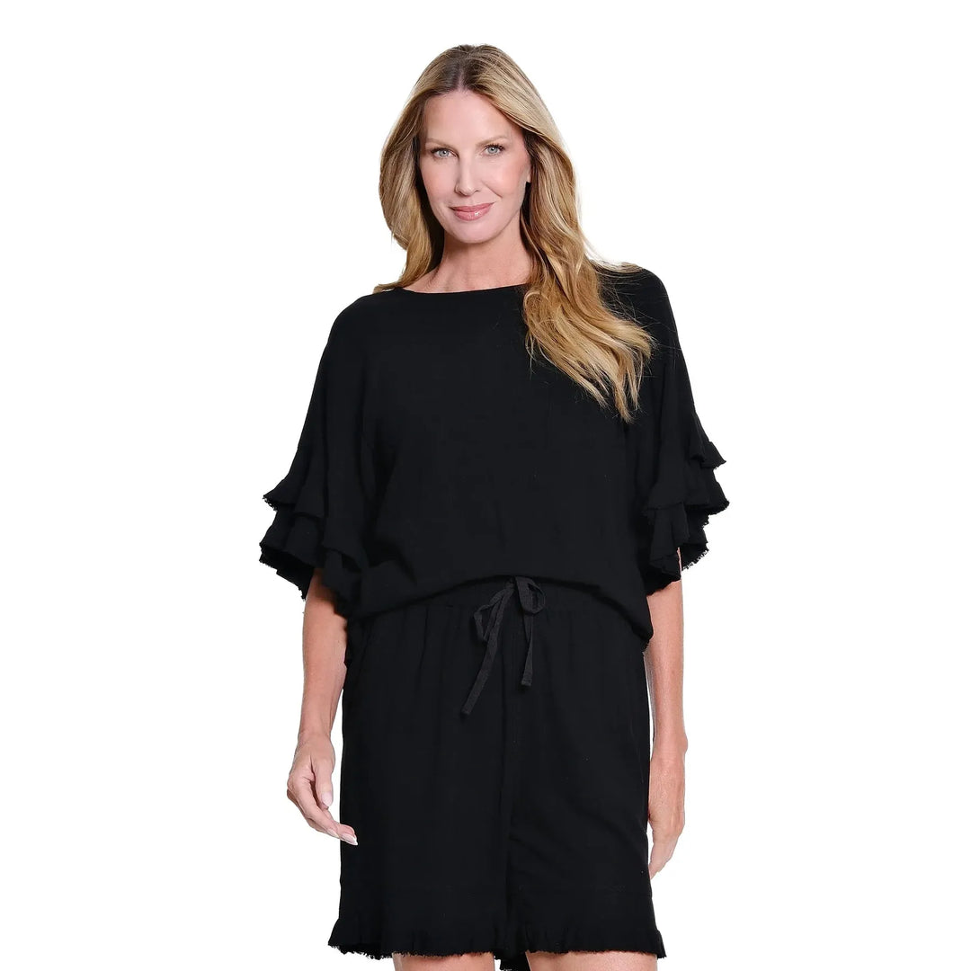 Multiples black textured slub top featuring double flounce raglan sleeves and a scoop neckline.